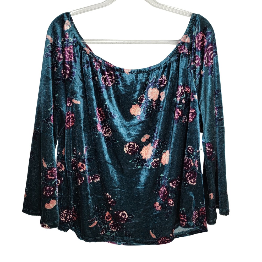 Its Our Time Womens 1X Floral Velvet Off Shoulder Top Teal Rose Bell Sleeve NWT